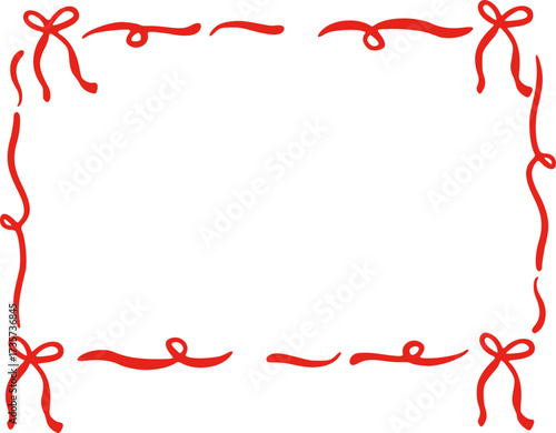 Wavy red ribbon bow frame. Red ribbon bow frame of hand drawn line art style. Whimsical vector illustration. Trendy art for Christmas, Valentines day, birthday, menu, bachelorette party design.