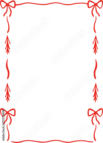 Whimsical Doodle Frame and Border .Girly red ribbon bow frame hand drawn line art style. Christmas Vintage Ribbon Border for Christmas, Valentines day, birthday, menu, bachelorette party design line.
