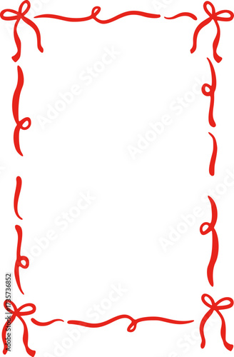 Rectangle red ribbon bow frame. Hand drawn aesthetic vertical border. Whimsical vector illustration. Trendy art for Christmas, Valentines day, birthday, menu, bachelorette party design line art.