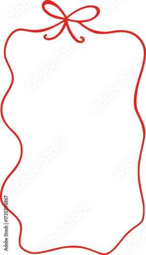 Rectangle red ribbon bow frame. Hand drawn aesthetic vertical border. Whimsical vector illustration. Trendy art for Christmas, Valentines day, birthday, menu, bachelorette party design line art.