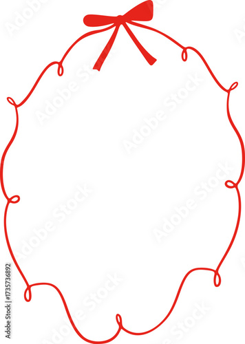 Whimsical Doodle Frame and Border .Girly red ribbon bow frame hand drawn line art style. Christmas Vintage Ribbon Border for Christmas, Valentines day, birthday, menu, bachelorette party design line.