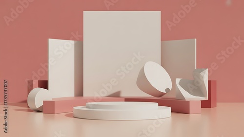Geometric Still Life Podium Display with Pink and Cream Shapes for Product Showcase or Abstract Art Composition