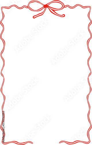 Rectangle red ribbon bow frame. Hand drawn aesthetic vertical border. Whimsical vector illustration. Trendy art for Christmas, Valentines day, birthday, menu, bachelorette party design line art.