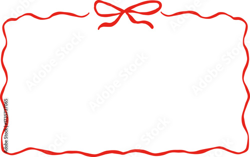 Wavy red ribbon bow frame. Red ribbon bow frame of hand drawn line art style. Whimsical vector illustration. Trendy art for Christmas, Valentines day, birthday, menu, bachelorette party design.