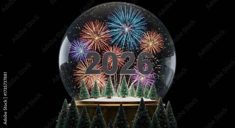 Obraz premium A snow globe with the year 2026 blazing inside, encircled by fireworks and miniature Christmas trees. 