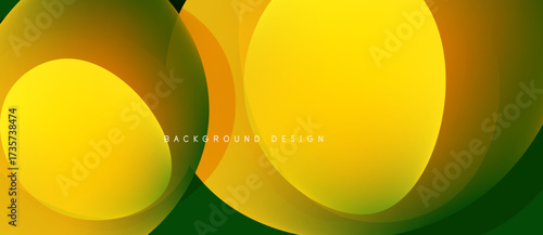 Abstract design features overlapping yellow, orange, green circles. Gradient shades create depth, modern aesthetic. Simple, clean composition.