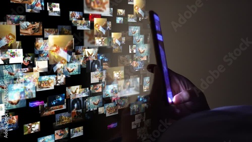 Hand touch screen smartphone. social media interface on screen