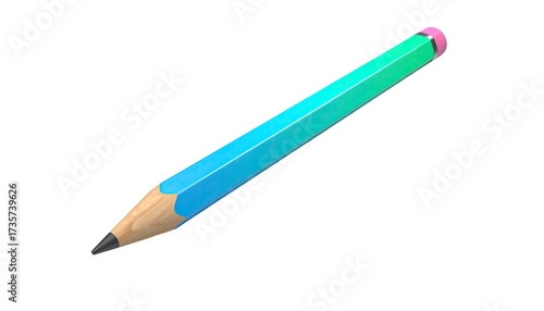 A stylized, gradient-colored pencil floating against a stark black background