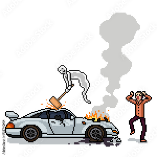 pixel art of ghost destroy car