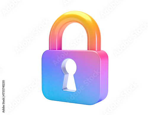 Colorful 3D padlock rendering with vibrant gradients against a black background