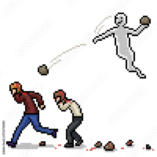 pixel art of ghost throw rock at people