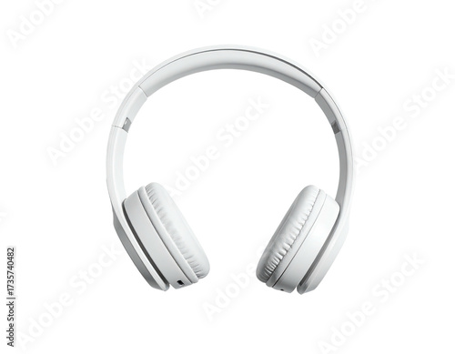 Overhead, white, wireless headphones centered against a stark black background