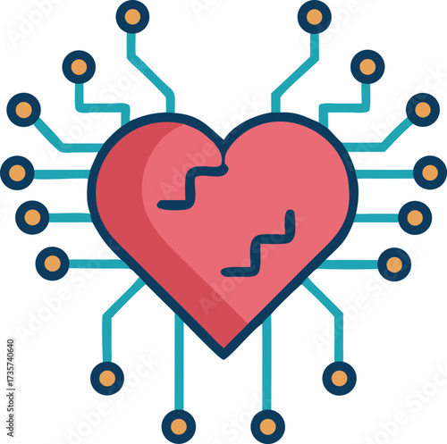 Flat clean icon of digital heart with wiring lines.