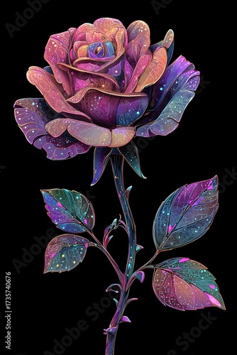 A vibrant, rainbow-colored rose with dew drops on its petals and leaves against a black background.