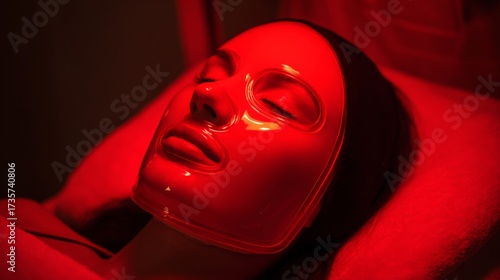 Woman Getting Red Light Therapy for her Skin with Mask. Lady using professional services in a beauty salon for skin care