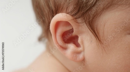 Close-up of newborn baby’s tiny ear and soft hair detail