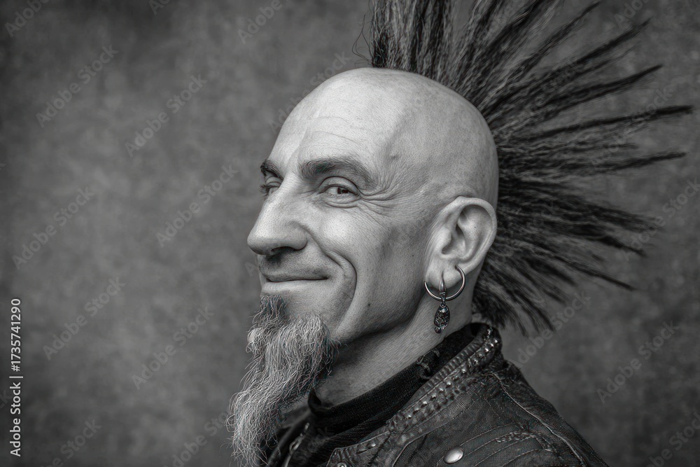 Fototapeta premium Smiling Punk Rocker with Mohawk and Goatee in Black and White.