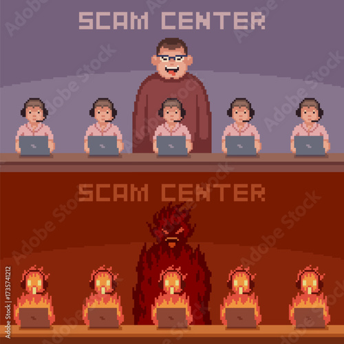 pixel art of scam center hell office