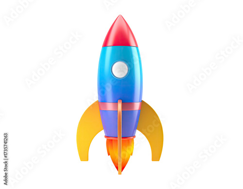 A colorful cartoon rocket ship with flames blasting off against a black background