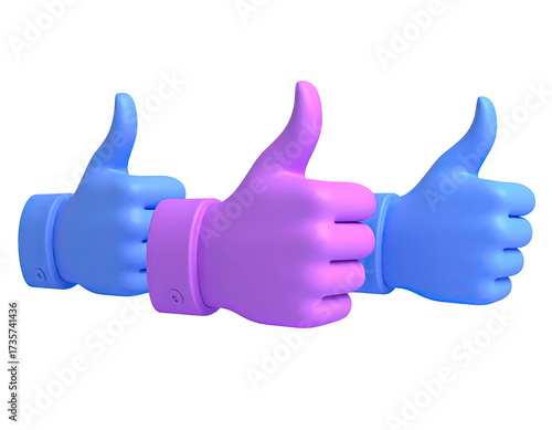 Three colorful stylized thumbs-up emojis, arranged in a row, on a black background