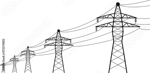Black and white illustration of high voltage power lines, electricity transmission towers, energy infrastructure, grid system,