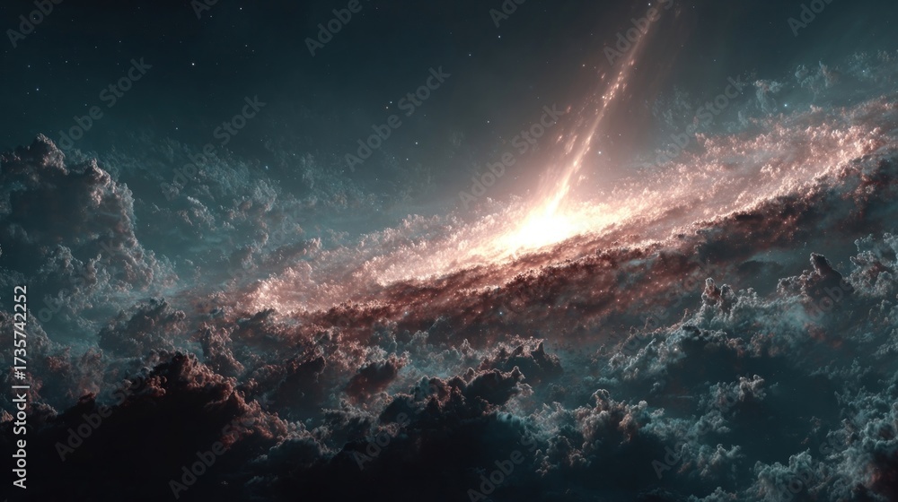 Naklejka premium Intense cosmic beam of light piercing dark galaxy