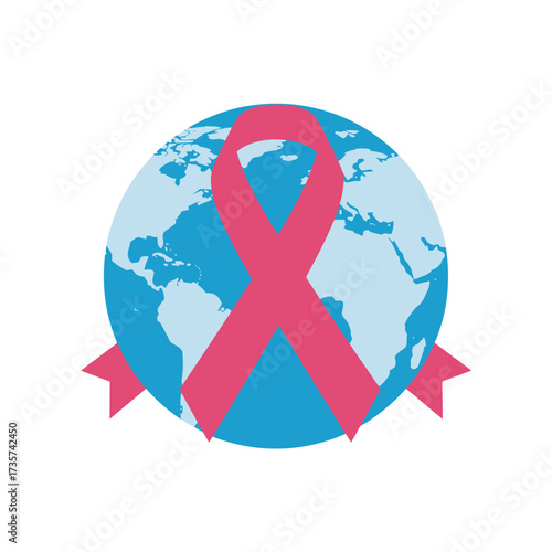 Global breast cancer awareness with pink ribbon on earth illustration, showing support and hope for research, treatment and cure initiatives worldwide