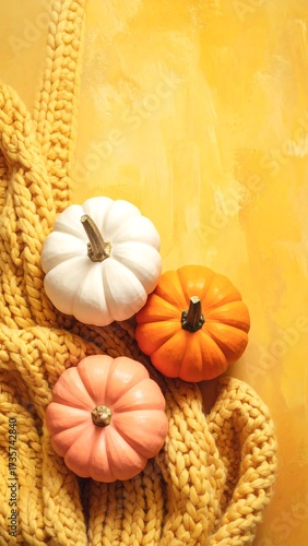 Autumnal Serenity: Miniature Pumpkins and Cozy Knit on a Textured Yellow Backdrop