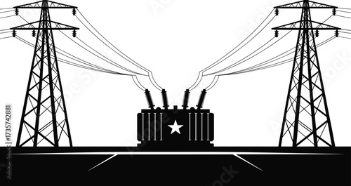 High voltage electricity transmission towers, power substation transformer, energy distribution system, industrial electrical grid,