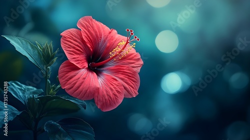 Vibrant red hibiscus flower in full bloom against a blurred blue background.