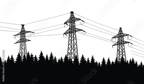 High voltage power lines, electricity pylons in forest, black and white silhouette, energy transmission, electric infrastructure
