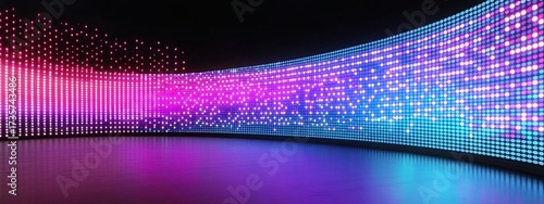 Authentic concave LED display for a wall or platform. Large TV display depicted in a vector illustration with neon blue and purple dot lights. Stadium digital scoreboard with diode lights,

