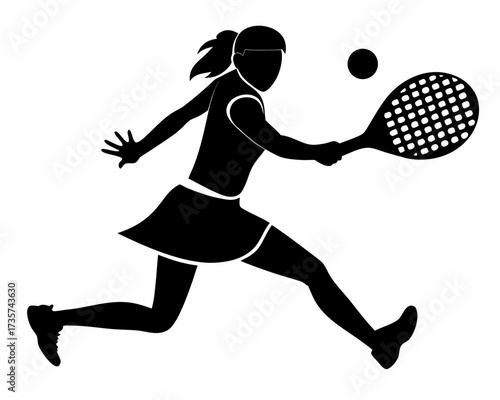 Black vector silhouette of a running woman tennis player in action with a ball