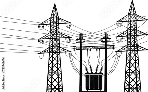 High voltage power lines, electricity transmission towers, electrical substation, energy distribution system, black and white silhouette,