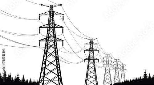 High voltage power lines, electricity transmission towers, energy infrastructure, industrial power grid, electric utility poles,