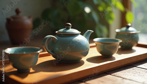 Wallpaper Mural Traditional tea set with ceramic teapot and cups on wooden tray. Authentic tea preparation includes teal ceramic teapot and matching small cups for service. Torontodigital.ca