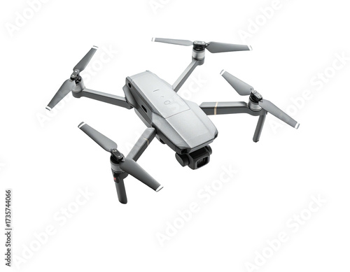 Angled overhead shot of a gray quadcopter drone against a stark black backdrop