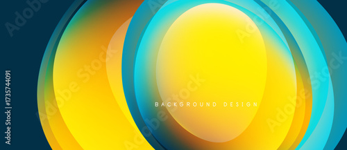 Abstract dynamic layers create vibrant circular design. Yellow, orange, turquoise hues blend smoothly. Modern background element.