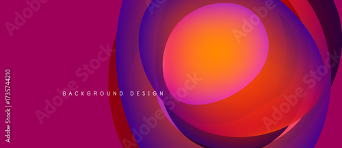 Abstract vibrant layers create dynamic circular composition. Warm colors dominate, blending into cooler tones. Modern design element.