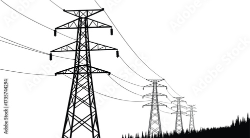 High voltage power transmission towers in black and white, electric pylons silhouette, energy infrastructure, electricity supply,