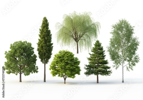Collection of diverse green trees in various shapes and sizes isolated on white background