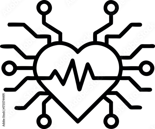 Outline symbol of healthcare heart with circuits.