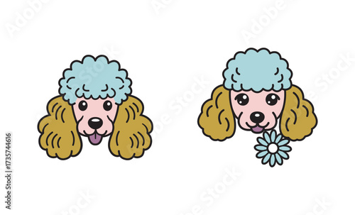 Cute poodle cartoon faces with a flower