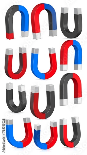 An Array of Horseshoe Magnets in Varying Colors and Orientations on a White Background