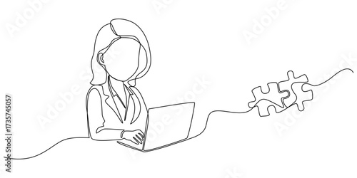 Woman with laptop computer and puzzle in one continuous line drawing.Symbol of Search for solution. Missing part and dating concept eps 10