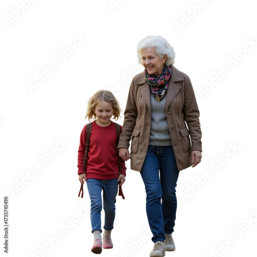 Happy grandmother and young granddaughter joyfully walking hand in hand, celebrating their strong intergenerational bond and precious family connection.