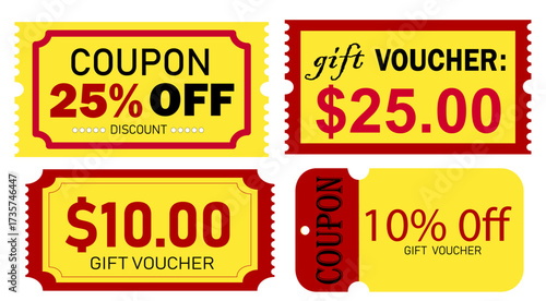 Coupon and Gift Voucher Ticket Set – Discount Voucher, Sale Coupon, and Promotional Ticket Design Collection