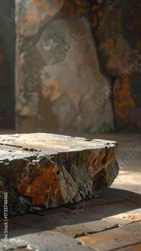Ancient stone platform in a weathered temple setting, illuminated by sunlight