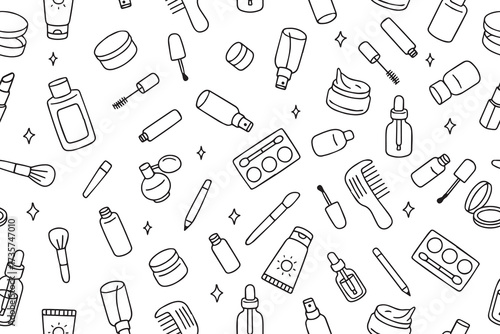 A seamless pattern of various makeup and skincare products, such as lipsticks, brushes, and creams. Ideal for the beauty, fashion, and cosmetics industries. Vector