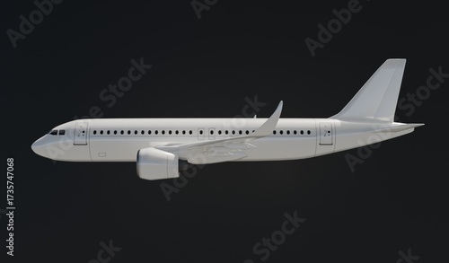 White Passenger Airplane Isolated on Black Background, Side View.